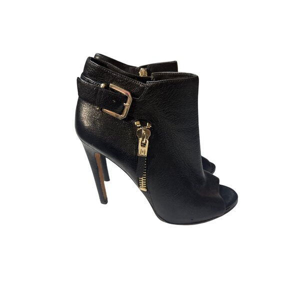 Marciano Womens Black Leather Peep-Toe High-Heel Ankle Booties With Gold Buckle - Picture 4 of 8